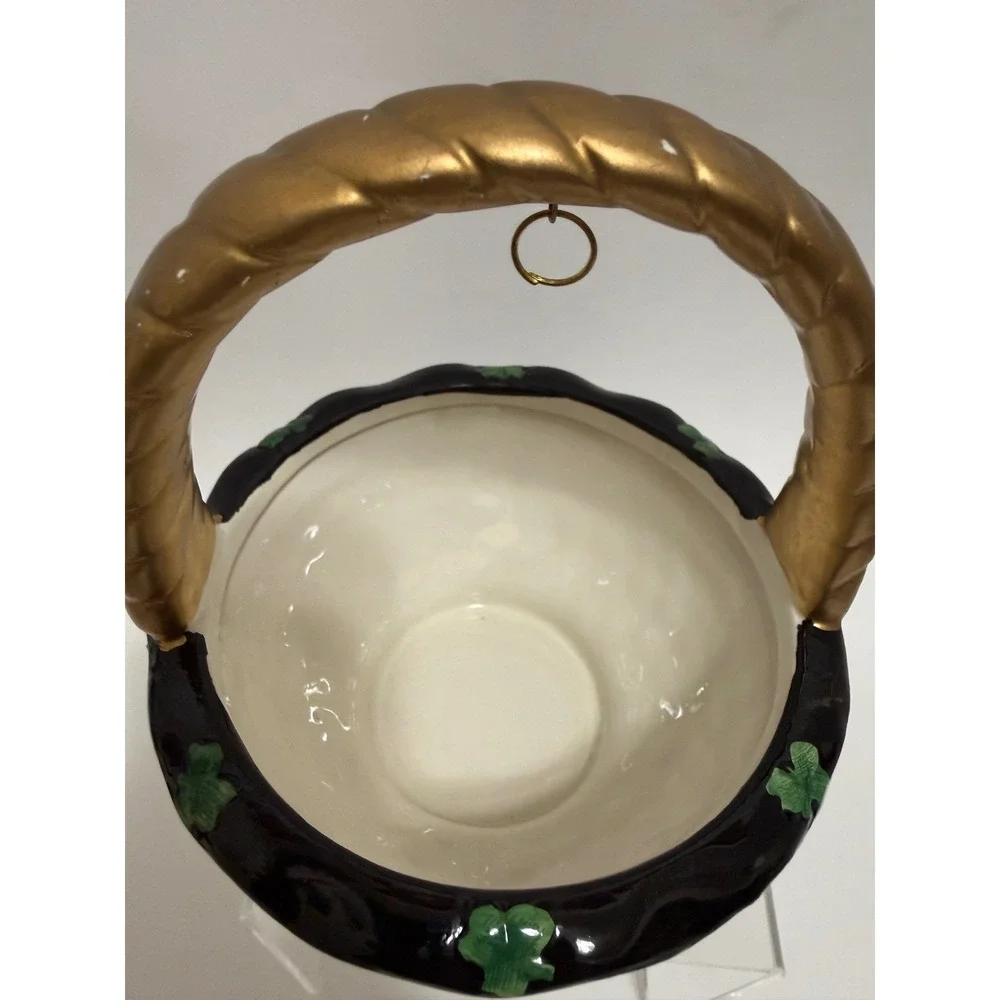 Vintage‎ Shamrock Basket Bowl Gold Twisted Handle Irish Cottage Decor